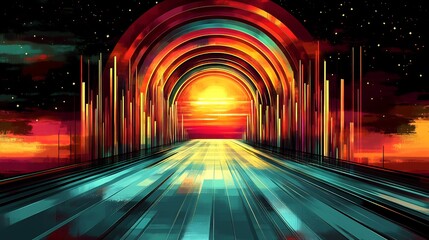 Sticker - Vibrant sunset glows through abstract archway tunnel. AI Generated