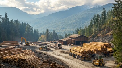 Poster - A sawmill nestled in mountain terrain, with workers loading logs onto trucks, blending industrial efficiency with the beauty of the outdoors.