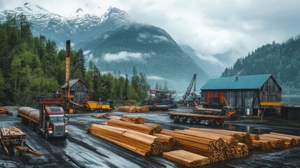 Poster - A sawmill processing lumber in a mountain setting, with trucks loading freshly cut wood cargo, highlighting the rugged beauty of the natural landscape.