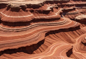 Poster - Desert Rock Formations. Beautiful, Dynamic Landscape in Deep Red and Orange Hues. Pale White and Beige Stripes Create Striking Contrasts. Waves and Curves Evoke Erosion Over Time. Captivating Natural