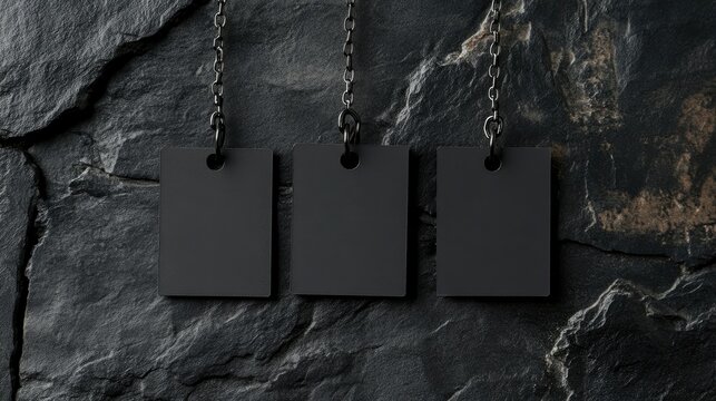 A set of blank black square tags hanging from a chain against a dark stone backdrop, ideal for creating a stylish, modern display or design concept.