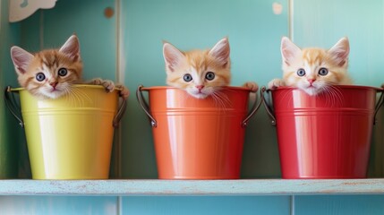 Poster - A set of colorful buckets on a shelf, with three adorable kittens peeking out, full of personality and charm, creating a whimsical atmosphere.
