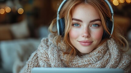 Poster - relaxed woman multitasking with laptop and enjoying music through headphones in a cozy home environment ideal for work from home or leisure lifestyle concepts