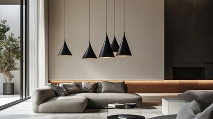 Poster - A set of modern black pendant lights suspended over a chic living room, casting warm light on the minimalist furniture