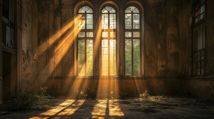 Poster - A shaft of sunlight entering through tall windows in a derelict industrial building, highlighting the beauty of decay and the passage of time.
