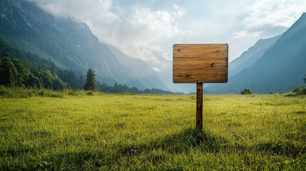 Poster - A simple wooden signboard stands empty in a vast, green field, with misty mountains and clear skies, symbolizing possibilities and tranquility.
