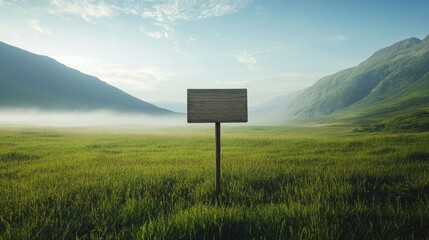 Poster - A simple wooden signboard stands empty in a vast, green field, with misty mountains and clear skies, symbolizing possibilities and tranquility.