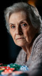 © smth.design - Elderly Woman Playing Poker with Chips, Expressive Face, Thoughtful Moment in Game