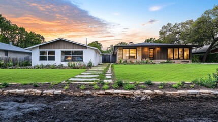 Aufkleber - A slider showing a rundown house before renovation and a completed custom home after, with vibrant landscaping and a fresh, modern look.
