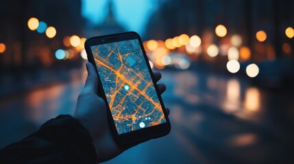 Leinwandbilder - A smartphone displaying GPS coordinates on a map of the city at night, illuminated by the soft glow of streetlights and building lights.