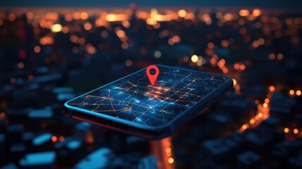 Leinwandbilder - A smartphone screen showing a real-time GPS position on a city map at night, surrounded by the glowing lights and streets of the cityscape.