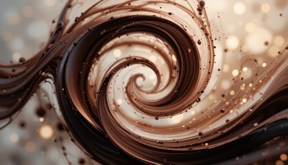 Poster - Swirling abstract chocolate waves with floating particles in dynamic motion
