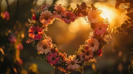 Poster - A stunning heart-shaped floral wreath capturing the fading light of a sunset, symbolizing love, peace, and the beauty of nature.