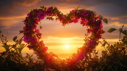 Poster - A stunning heart-shaped floral wreath capturing the fading light of a sunset, symbolizing love, peace, and the beauty of nature.