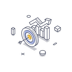 Aufkleber - online marketing strategies. visuals include a target with an arrow, graphs, and indicators, showcas