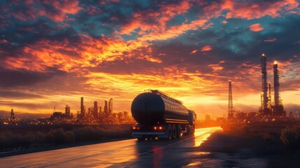 Poster - A tank truck departing an oil refinery at sunset, with dramatic skies and warm light casting an industrial yet beautiful scene.