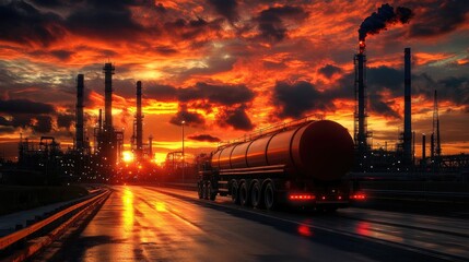 Poster - A tank truck departing an oil refinery at sunset, with dramatic skies and warm light casting an industrial yet beautiful scene.