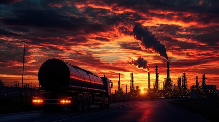 Poster - A tank truck leaving an oil refinery at sunset, with a fiery sky and the refinery massive infrastructure silhouetted in the background.