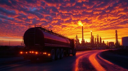 Poster - A tank truck leaving an oil refinery at sunset, with a fiery sky and the refinery massive infrastructure silhouetted in the background.