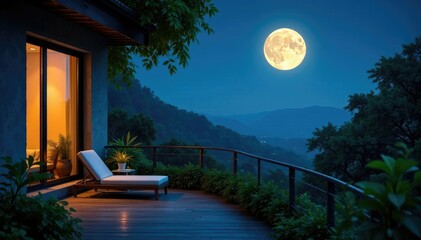 Wall Mural - A tranquil oasis under the gentle light of the full moon hanging low in the dark blue sky above a lush green garden, tranquility, balcony, peaceful