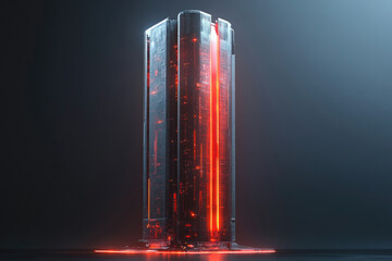 Poster - Futuristic skyscraper with glowing red core, sleek dark design, digital architecture.