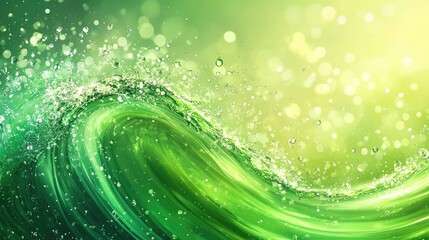 Poster - A vibrant green wave with droplets of water, set against a dreamy bokeh background, creating a fresh and energetic natural scene.