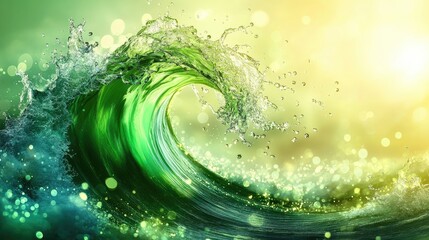 Aufkleber - A vibrant green wave with shimmering water droplets, with a blurred bokeh background, capturing the essence of freshness and vitality.