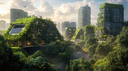 Poster - A vibrant sustainable city concept, with green spaces, renewable energy sources, and eco-friendly buildings, representing the future of urban development.