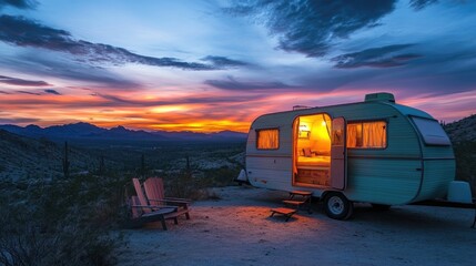 Poster - A vintage trailer glowing under the sunset in the Arizona desert, creating a warm and inviting atmosphere against the rugged desert backdrop.
