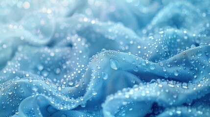 Poster - Close-up of water droplets on wavy blue fabric with textured surface