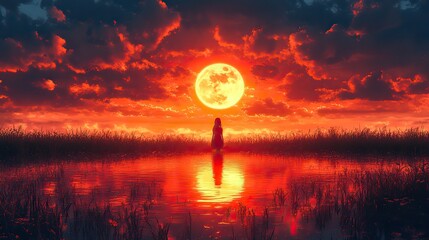 Poster - silhouette of a girl on a sunset anime girl silhouette at sunset breathtaking 4k digital artwork of grace and contemplation wallpaper generative ai