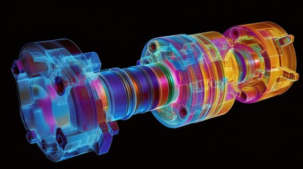 Poster - A visual representation of finite element analysis (FEM) for a crankshaft and pistons, showing color maps that depict stress and strain levels.