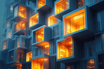 Aufkleber - Modern building with illuminated windows at night, showcasing unique architectural design and glowing interiors.