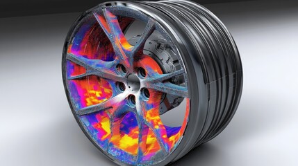 Poster - A visual representation of finite element analysis (FEM) on a rim wheel, showing stress distribution with color maps indicating the areas under pressure.