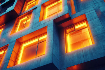 Aufkleber - Modern building facade with illuminated windows at night, showcasing architectural design and warm glow.