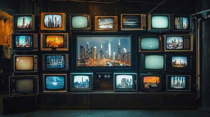 Poster - A wall lined with vintage televisions, all showcasing various city skylines, bringing a nostalgic yet contemporary vibe to the dark room.