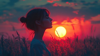 Poster - silhouette of a person in the sunset graceful anime girl silhouette at sunset 4k digital artwork depicting contemplation and serenity wallpaper generative ai