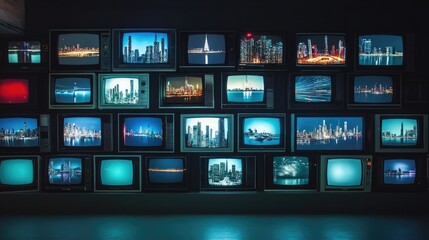 Poster - A wall of vintage televisions displaying dynamic city skylines in a dark room, creating an artistic contrast between old tech and modern landscapes.