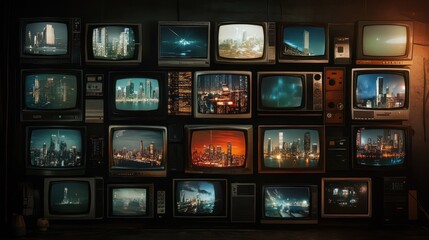 Poster - A wall of vintage televisions displaying dynamic city skylines in a dark room, creating an artistic contrast between old tech and modern landscapes.