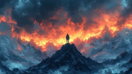 Poster - silhouette of a person on the top of mountain brooding anime wallpaper a powerful illustration of solitude and despair amidst a stormy landscape generative ai