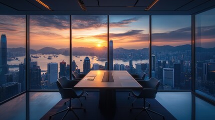 Aufkleber - A well-designed office overlooking the famous Hong Kong skyline, with a stunning view of skyscrapers and the vibrant cityscape at sunset.