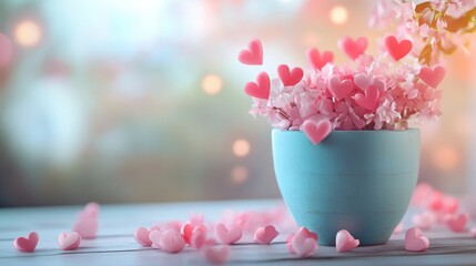 Poster - A whimsical scene of pink hearts spilling from a light blue pot, set against a blurred background to create a peaceful, romantic feel.