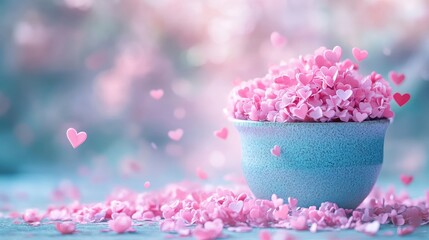Poster - A whimsical scene of pink hearts spilling from a light blue pot, set against a blurred background to create a peaceful, romantic feel.