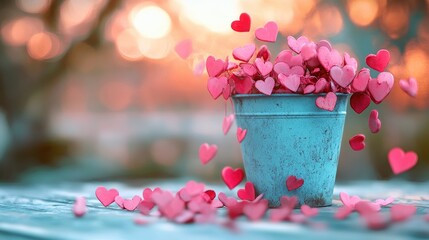 Poster - A whimsical scene of pink hearts spilling from a light blue pot, set against a blurred background to create a peaceful, romantic feel.