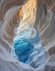 Poster - Canyon Walls. Smooth Stone Texture. Cream. Tan and Light Blue Layers Form Undulating Shapes. Light Filters Down. Creating a Mesmerizing Effect. Warm Tones Transition to Cool Blues... Serene Ambiance.