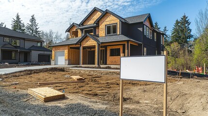 Poster - An empty real estate sign stands outside a newly constructed home, offering an opportunity to post a for-sale or for-rent message.