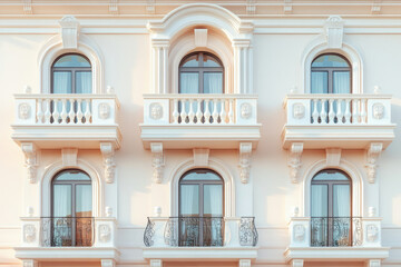 Aufkleber - Elegant building facade with three arched windows and balconies, showcasing classic architectural details.