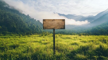 Poster - An empty wooden signboard in the middle of a lush green field, with misty mountains and a crisp, clear sky setting the perfect natural scene.