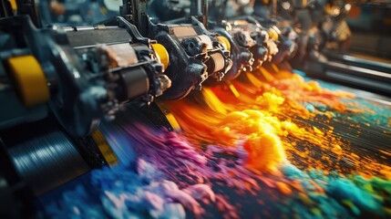 Poster - An industrial color printing process with vibrant ink flowing through machinery, emphasizing the innovation and technology of modern printing methods.