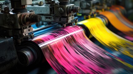 Poster - An industrial color printing process with vibrant ink flowing through machinery, emphasizing the innovation and technology of modern printing methods.